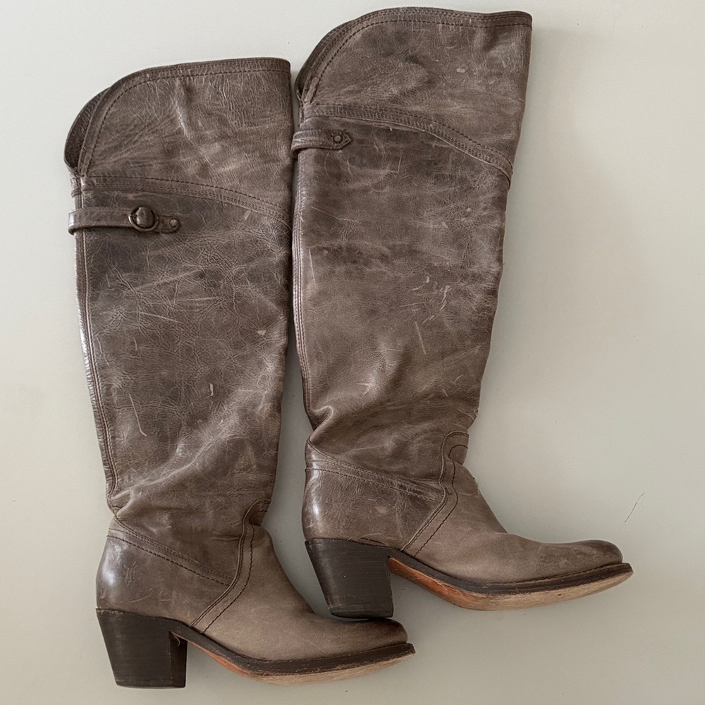 Frye Distressed Taupe Leather Knee-High Boots